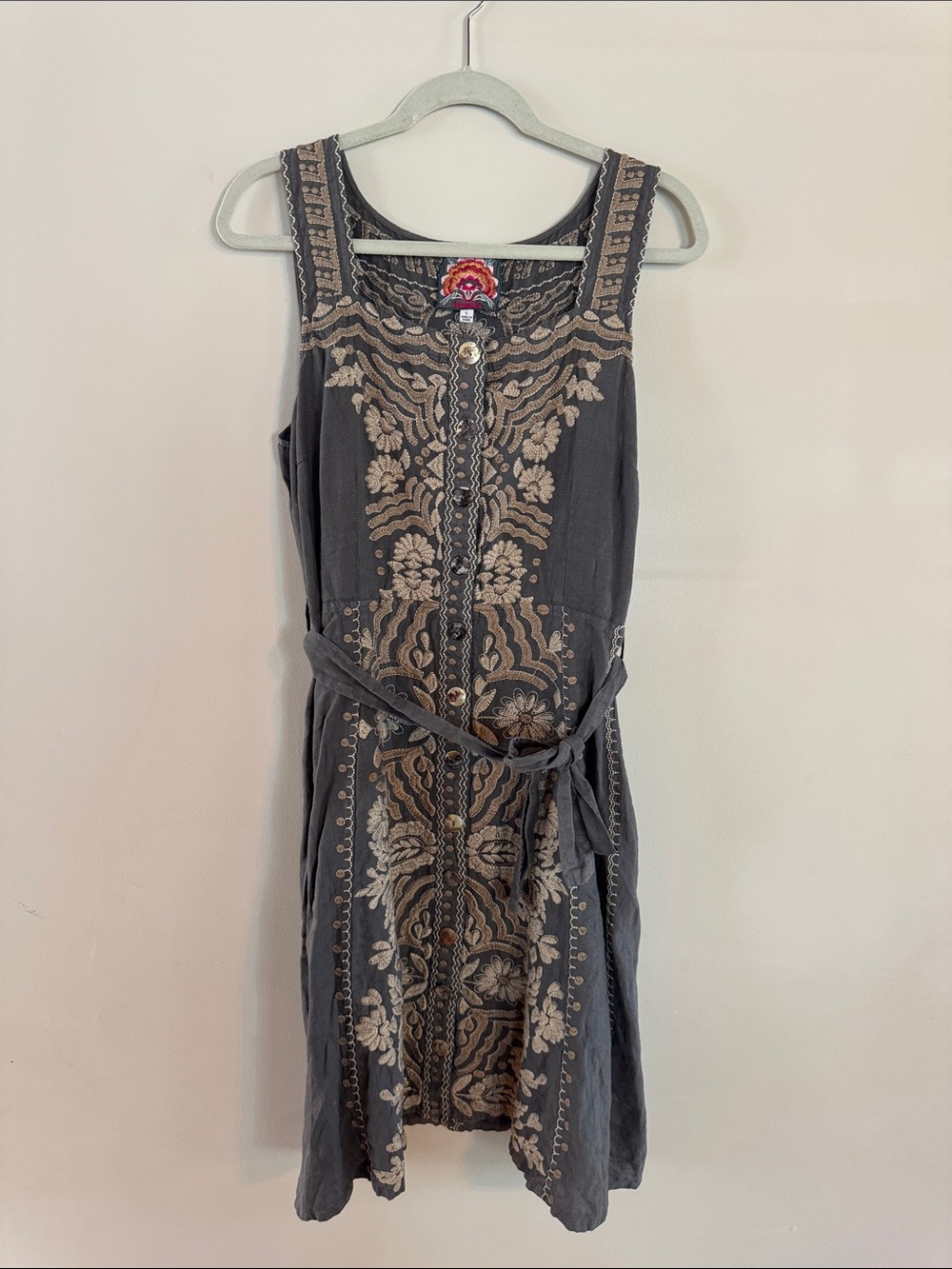 Johnny Was Embroidered Gray Sleeveless Dress 100% Linen Size L